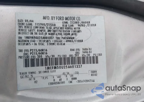 2005 Mercury Sable Gs from USA, damaged, VIN 1MEFM50U25A601327